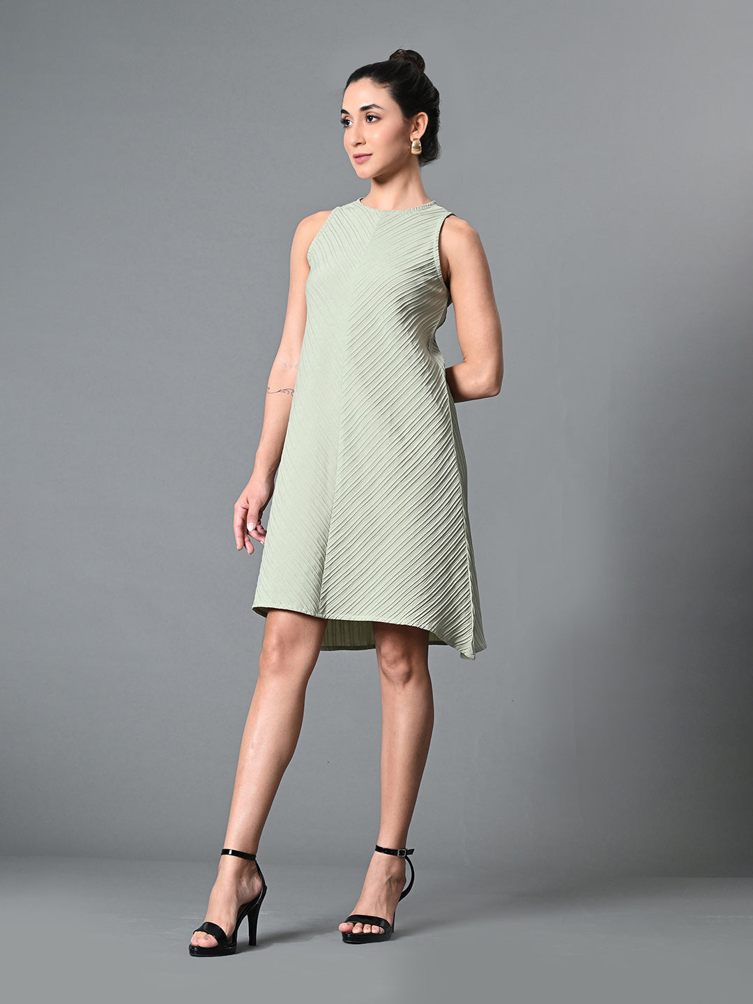 Myshka Women's Round Neck Sleeveless Embellished A-Line Dress in Olive Color - Distacart