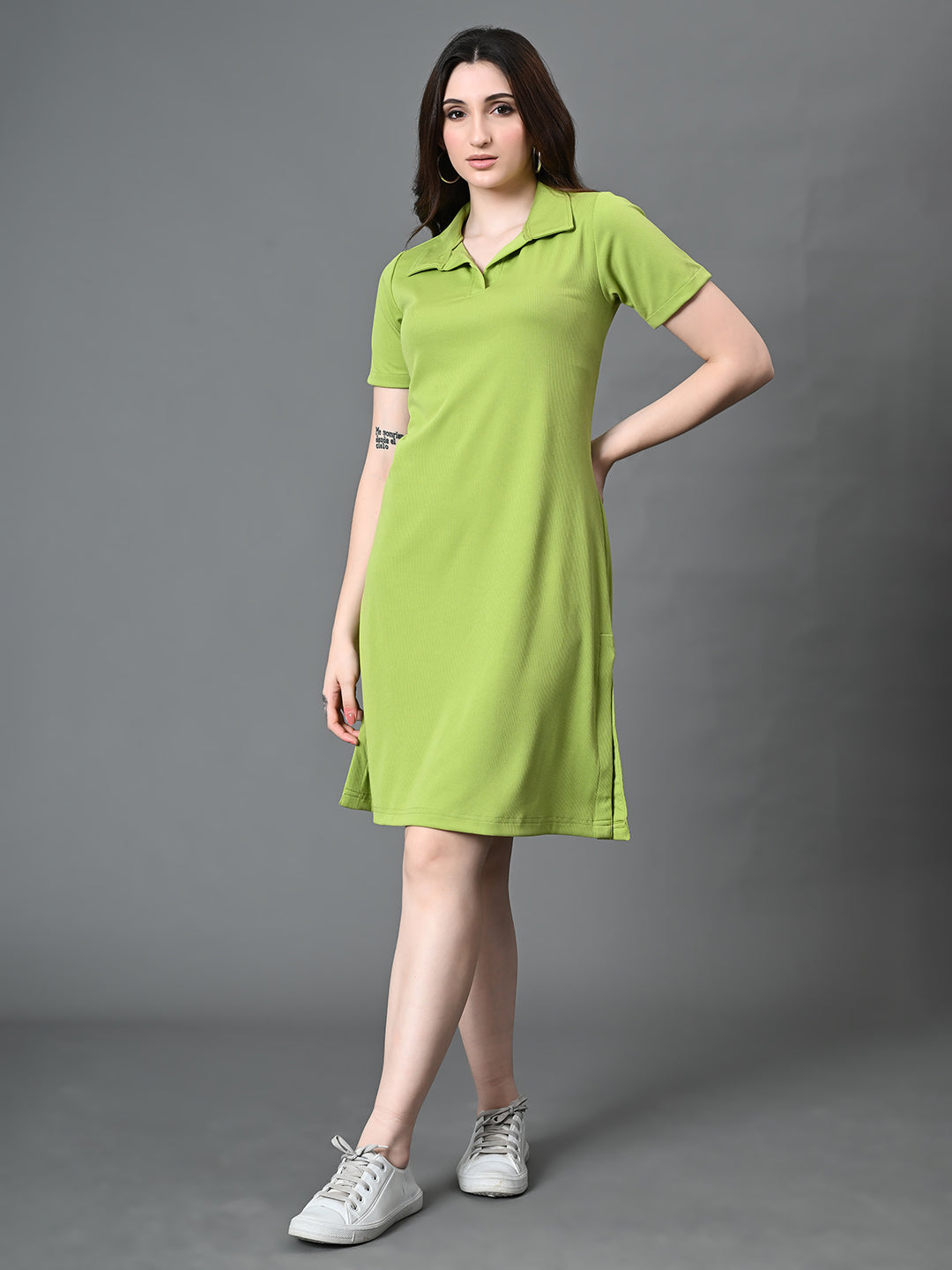 Myshka Women's Collared Neck Short Sleeves Ribbed A-Line Dress in Green Color - Distacart