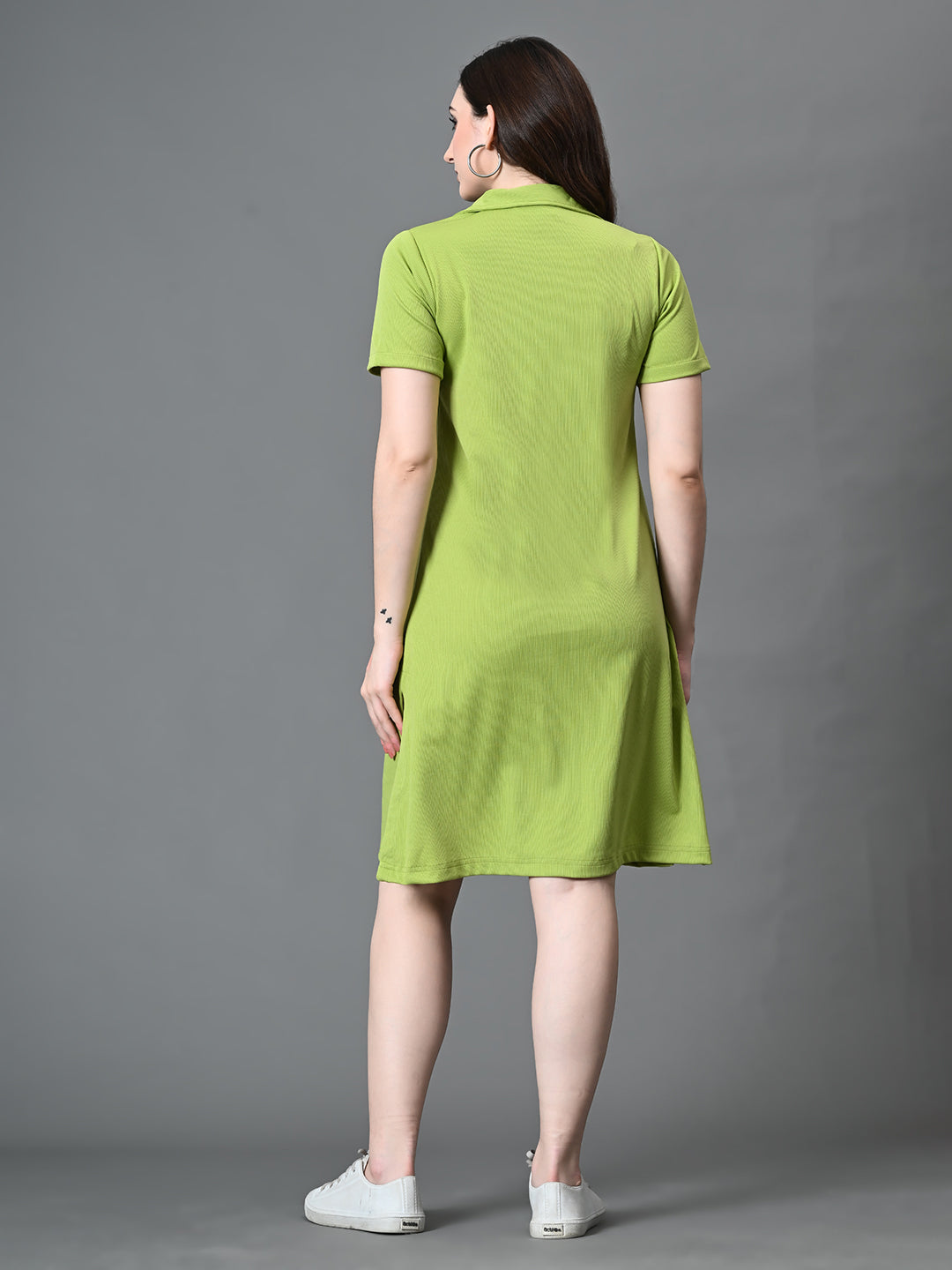 Myshka Women's Collared Neck Short Sleeves Ribbed A-Line Dress in Green Color - Distacart