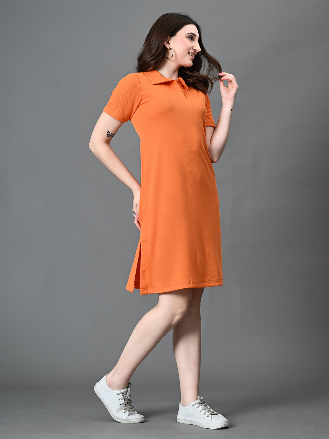 Myshka Women's Collared Neck Short Sleeves Ribbed A-Line Dress in Orange Color - Distacart