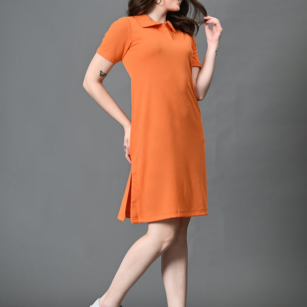 Myshka Women's Collared Neck Short Sleeves Ribbed A-Line Dress in Orange Color - Distacart