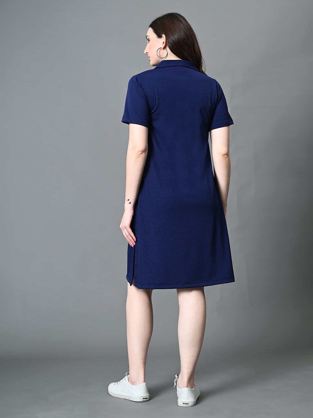 Myshka Women's Collared Neck Short Sleeves Ribbed A-Line Dress in Navy Blue Color - Distacart