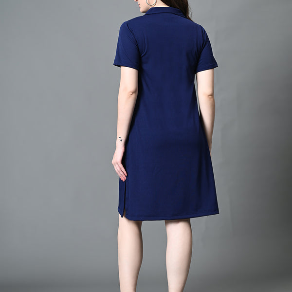 Myshka Women's Collared Neck Short Sleeves Ribbed A-Line Dress in Navy Blue Color - Distacart