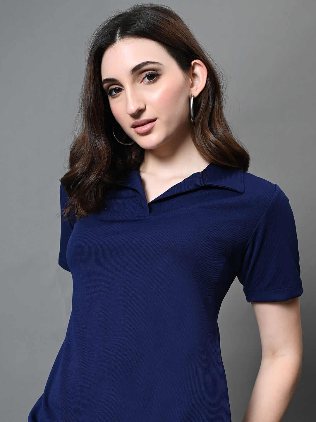 Myshka Women's Collared Neck Short Sleeves Ribbed A-Line Dress in Navy Blue Color - Distacart