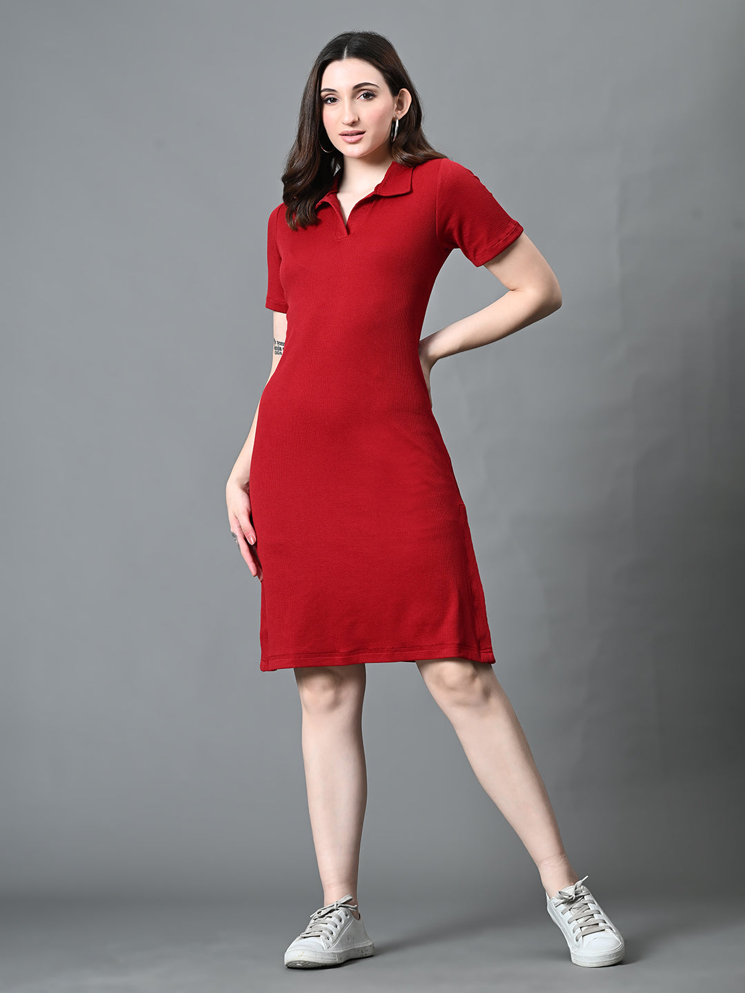 Myshka Women's Collared Neck Short Sleeves Ribbed A-Line Dress in Maroon Color - Distacart