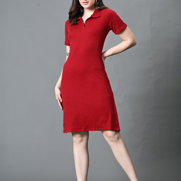 Myshka Women's Collared Neck Short Sleeves Ribbed A-Line Dress in Maroon Color - Distacart