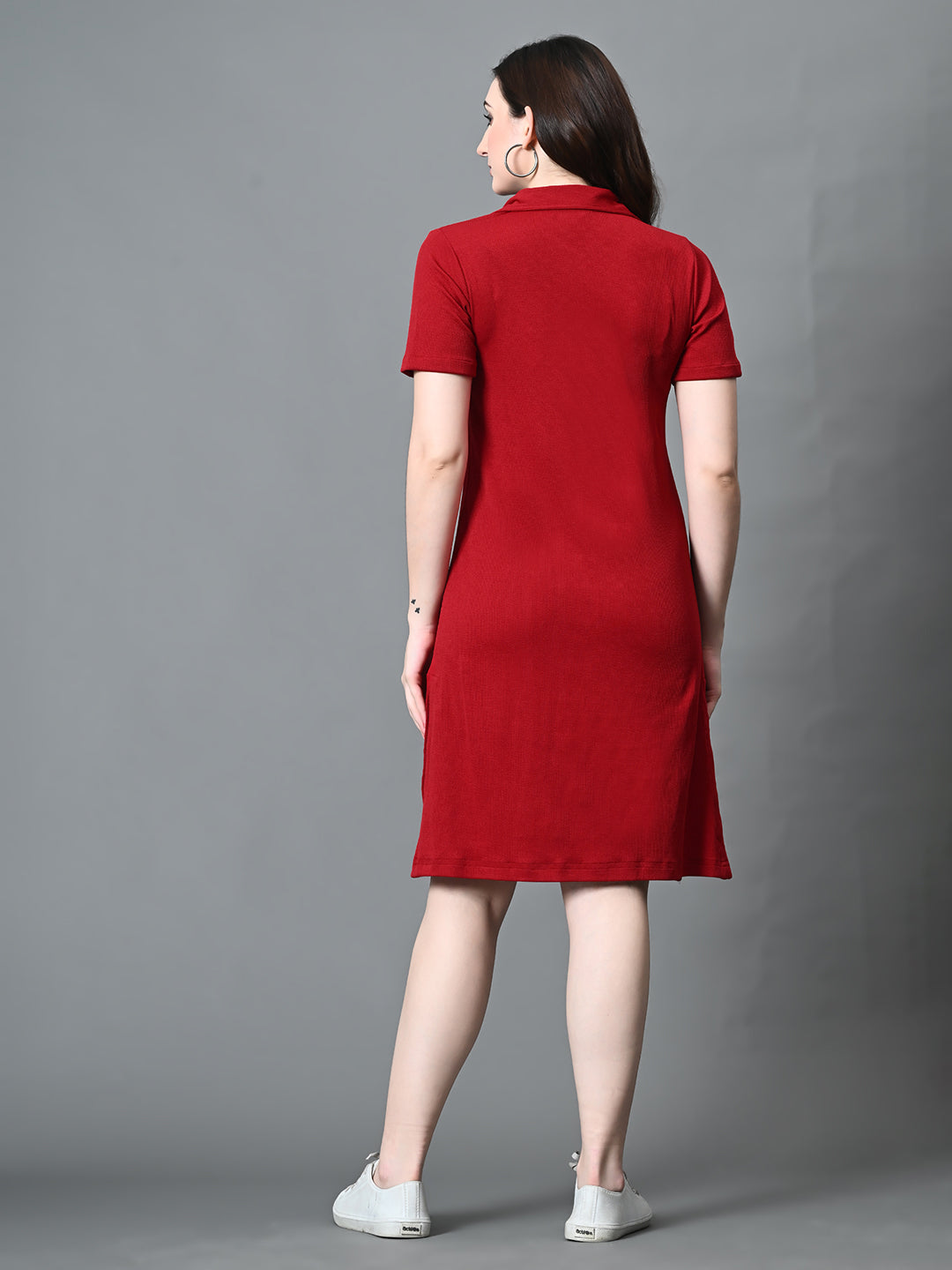 Myshka Women's Collared Neck Short Sleeves Ribbed A-Line Dress in Maroon Color - Distacart