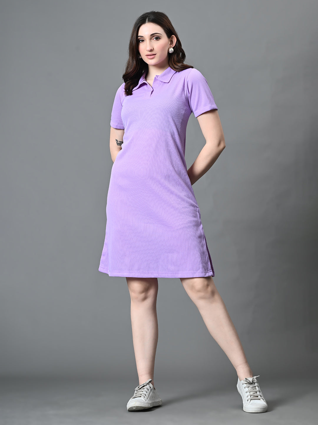 Myshka Women's Collared Neck Short Sleeves Ribbed A-Line Dress in Lavender Color - Distacart