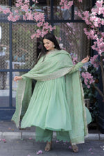 Thumbnail for Jyoti Fashion Women's Pista Tabby Silk Designer Kurta with Trouser & Dupatta - Distacart