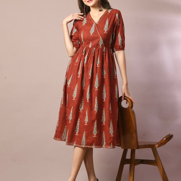 Myshka Women's Rust Printed Cotton V-Neck Empire Party Dress - Distacart