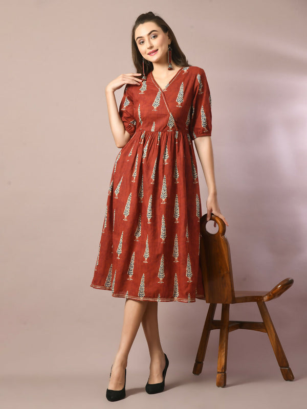 Myshka Women's Rust Printed Cotton V-Neck Empire Party Dress - Distacart