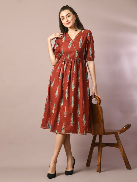 Myshka Women's Rust Printed Cotton V-Neck Empire Party Dress - Distacart