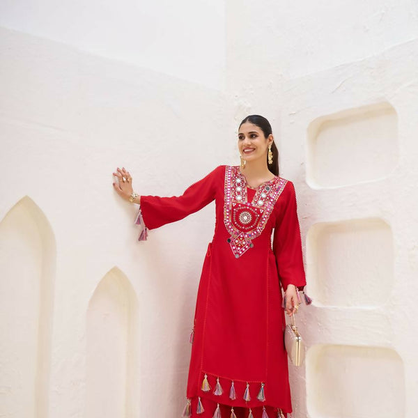 The52 Women's Gorgeous Rayon Fabric Thread Work Straight Kurta Palazzo Set - Distacart