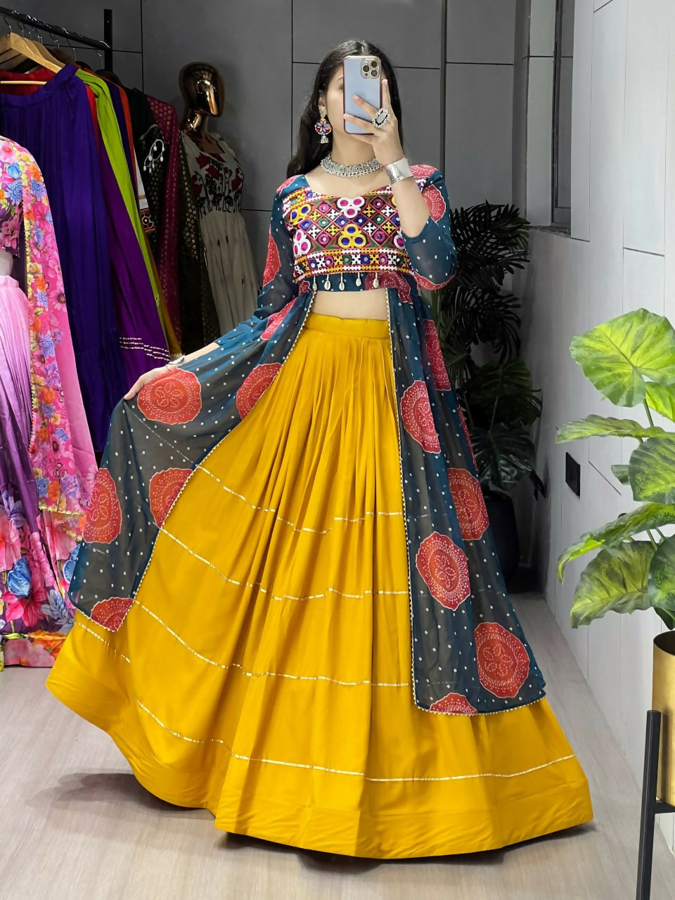 Yash Enterprise Mustard Rama Rayon Cotton Embroidery Semi Stitched Navratri Chaniya Choli - Dista