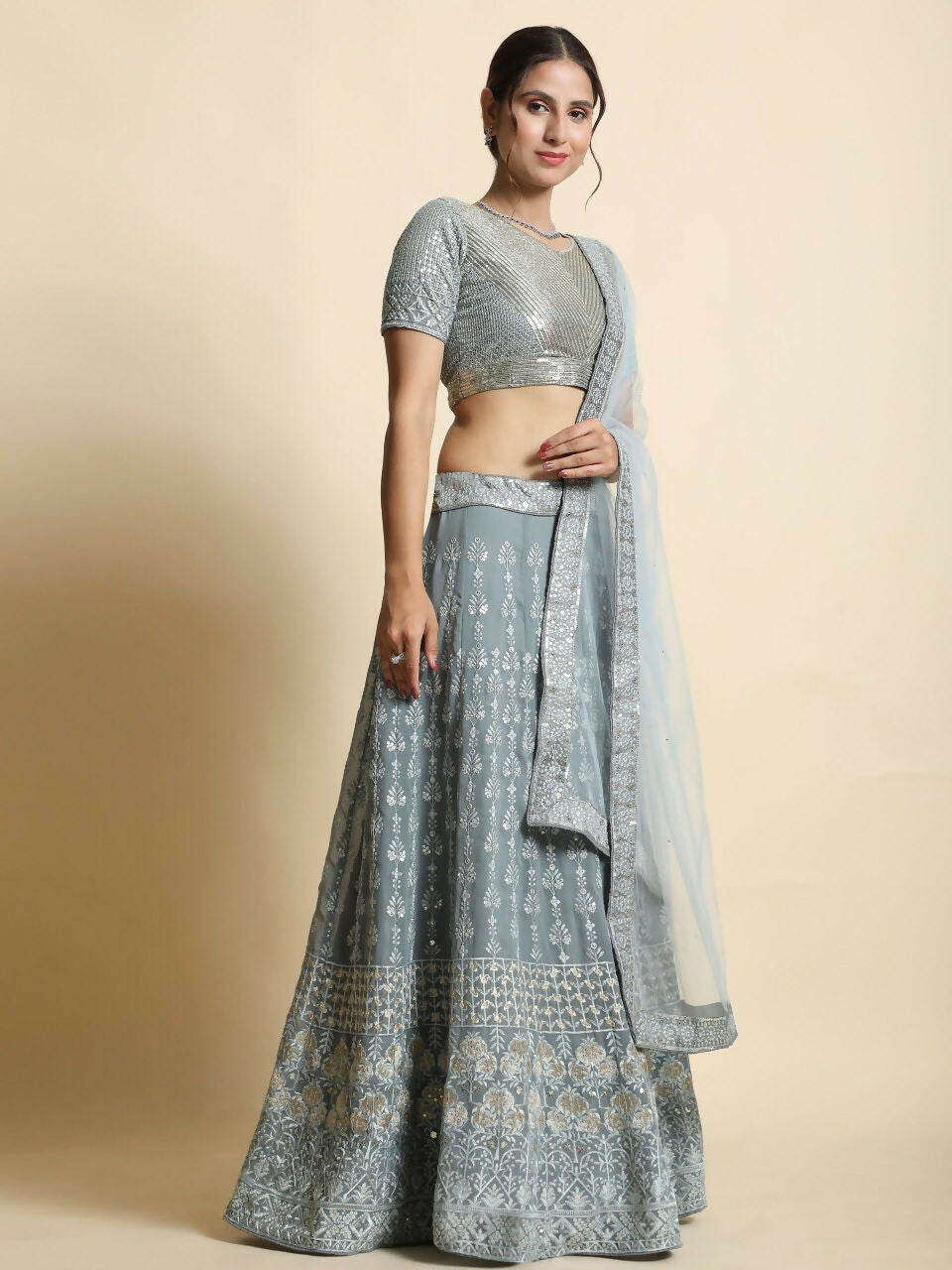 Jyoti Fashion Mesmerizing Grey Faux Georgette 3MM Sequins with Thread & Jari Embroidery Lehenga Choli with Dupatta - Distacart