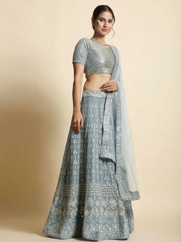 Jyoti Fashion Mesmerizing Grey Faux Georgette 3MM Sequins with Thread & Jari Embroidery Lehenga Choli with Dupatta - Distacart