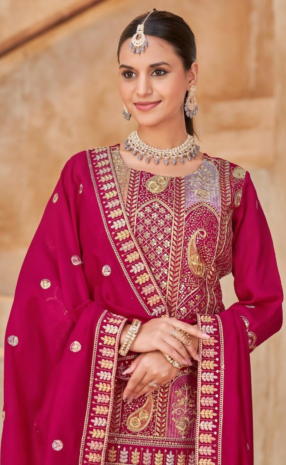 Anaita Rani Pink Vichitra Silk Readymade Suit with Embroidery & Lace Work - Distacart