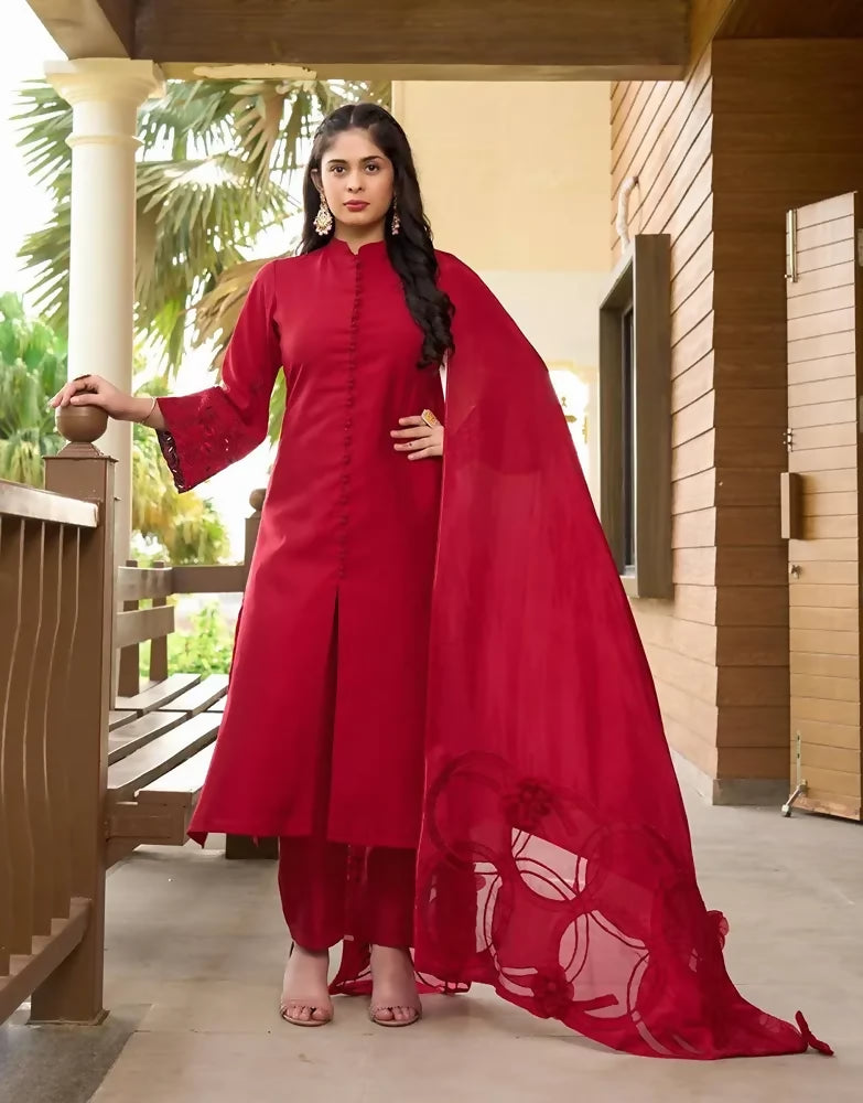 Nikhaar Maroon Embroidered Art Silk A Line Readymade Pakistani Suit