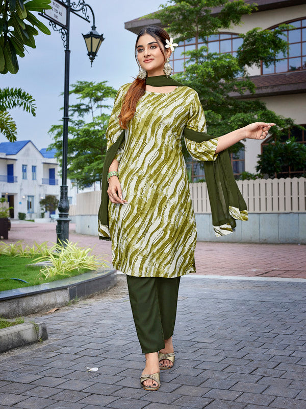 Malishka Women's Crepe Printed Straight Kurta Pant With Dupatta - Mehndi Green