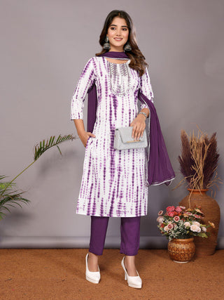 Lyush Womens Purple Viscose Cotton Leheriya Printed & Embroidery Kurta Pant Set With Dupatta - Distacart