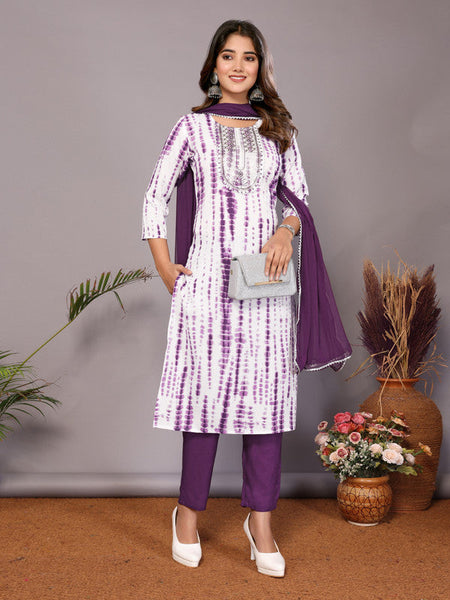 Lyush Womens Purple Viscose Cotton Leheriya Printed & Embroidery Kurta Pant Set With Dupatta - Distacart