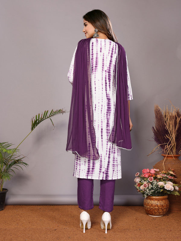 Lyush Womens Purple Viscose Cotton Leheriya Printed & Embroidery Kurta Pant Set With Dupatta - Distacart