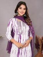 Thumbnail for Lyush Womens Purple Viscose Cotton Leheriya Printed & Embroidery Kurta Pant Set With Dupatta - Distacart