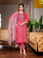 Thumbnail for Malishka Women's Viscose Embroidered Straight Kurta Pant With Dupatta - Pink - Distacart