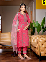 Thumbnail for Malishka Women's Viscose Embroidered Straight Kurta Pant With Dupatta - Pink - Distacart