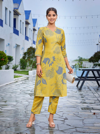 Malishka Women's Viscose Floral Printed Straight Kurta Set With Palazzo - Yellow - Distacart