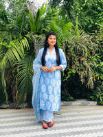 Thumbnail for Malishka Women's Viscose Printed Straight Kurta Pant With Dupatta - Sky Blue - Distacart