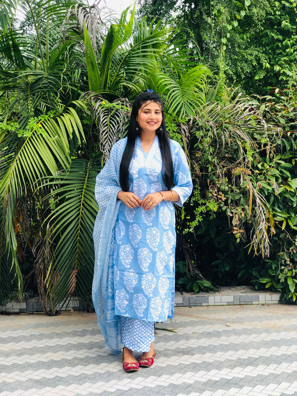 Malishka Women's Viscose Printed Straight Kurta Pant With Dupatta - Sky Blue - Distacart
