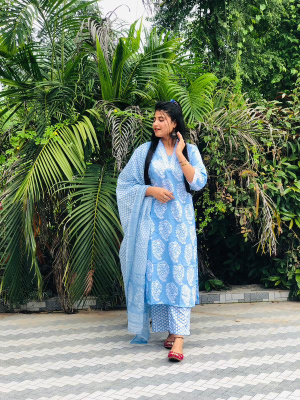 Malishka Women's Viscose Printed Straight Kurta Pant With Dupatta - Sky Blue - Distacart