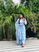 Thumbnail for Malishka Women's Viscose Printed Straight Kurta Pant With Dupatta - Sky Blue - Distacart