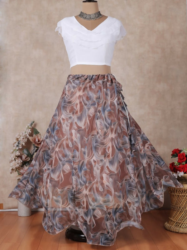 Preksha Creation Indian Festive Georgette Digital Print Women Lehenga Choli And Crop Top - White & Brown - Distacart