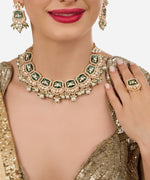 Thumbnail for Jewel City Gold-Plated Kundan Choker Necklace Set with Green Enamel, Pearls & Ring | Traditional Indian Jewelry for Women – Wedding & Festive Wear