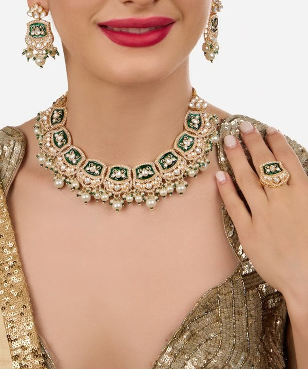 Jewel City Gold-Plated Kundan Choker Necklace Set with Green Enamel, Pearls & Ring | Traditional Indian Jewelry for Women – Wedding & Festive Wear