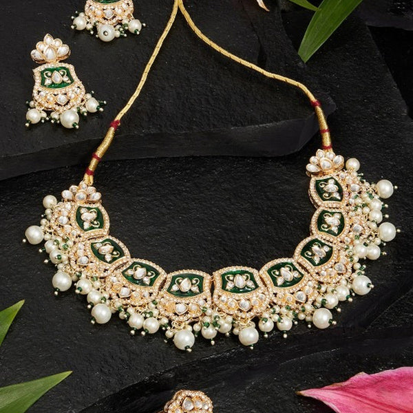 Jewel City Gold-Plated Kundan Choker Necklace Set with Green Enamel, Pearls & Ring | Traditional Indian Jewelry for Women – Wedding & Festive Wear