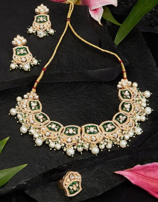 Jewel City Gold-Plated Kundan Choker Necklace Set with Green Enamel, Pearls & Ring | Traditional Indian Jewelry for Women – Wedding & Festive Wear