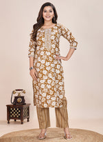 Thumbnail for Prazu Fashion Beige Printed Cotton Blend Kurta Pant Set - Distacart