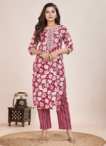 Thumbnail for Prazu Fashion Maroon Printed Cotton Blend Kurta Pant Set - Distacart