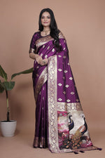 Thumbnail for Avantini Royal Purple Banarasi Silk Saree with Peacock Pallu Design With Unstitched Blouse Piece