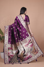 Thumbnail for Avantini Royal Purple Banarasi Silk Saree with Peacock Pallu Design With Unstitched Blouse Piece