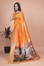 Thumbnail for Avantini Radiant Orange Banarasi Silk Saree with Peacock Pallu With Unstitched Blouse Piece