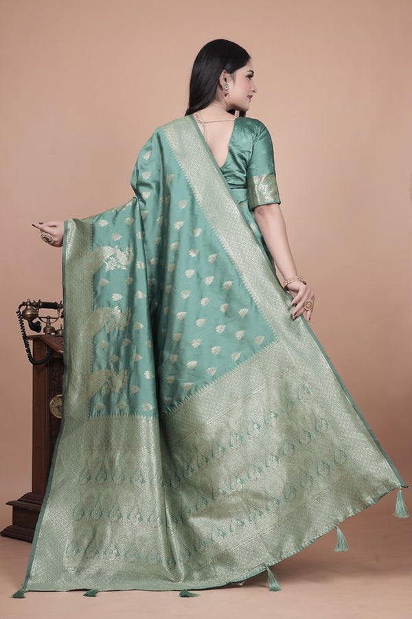 Avantini Elegant Mint Green Banarasi Silk Saree with Zari Weaving With Unstitched Blouse Piece