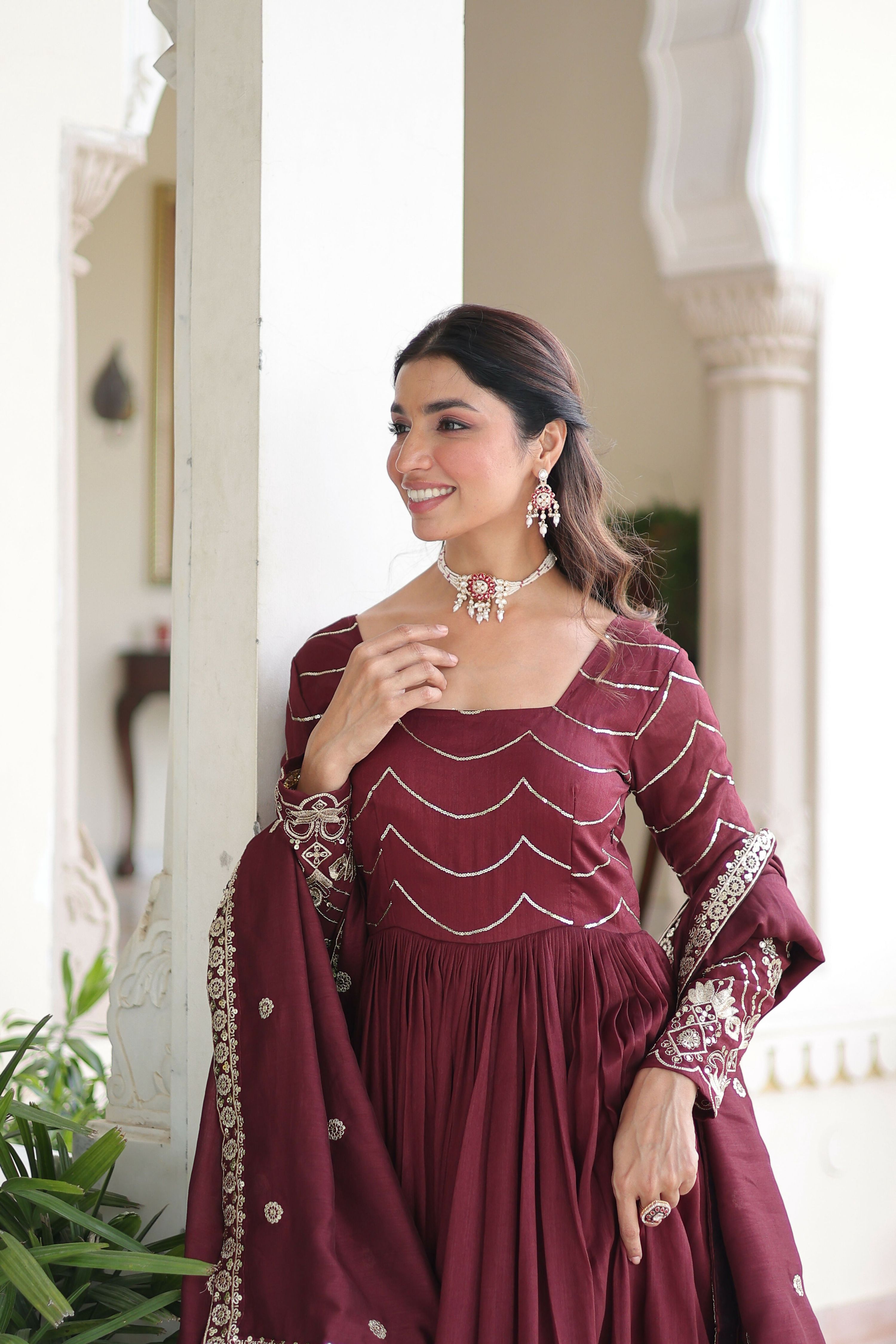Joban Fashion Maroon Readymade Kurta Set With Sequence embroidery Work