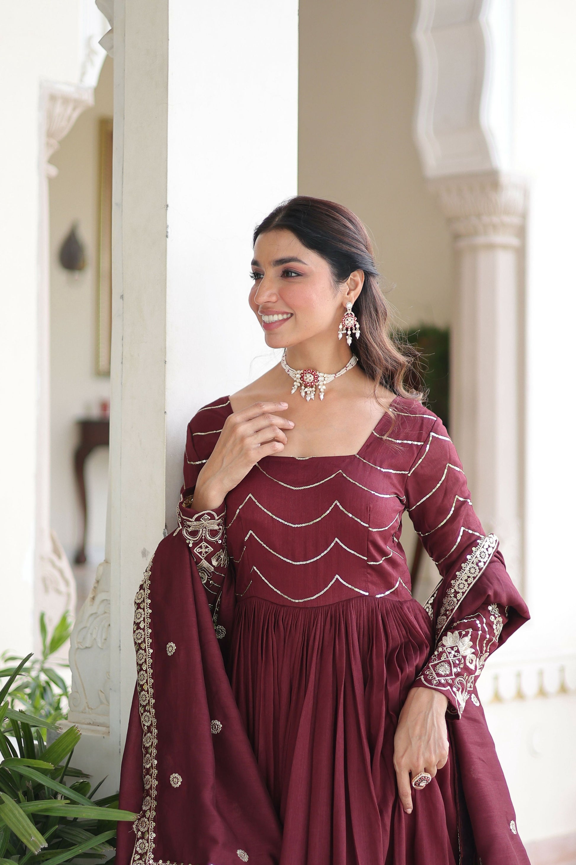 Joban Fashion Maroon Readymade Kurta Set With Sequence embroidery Work - Distacart