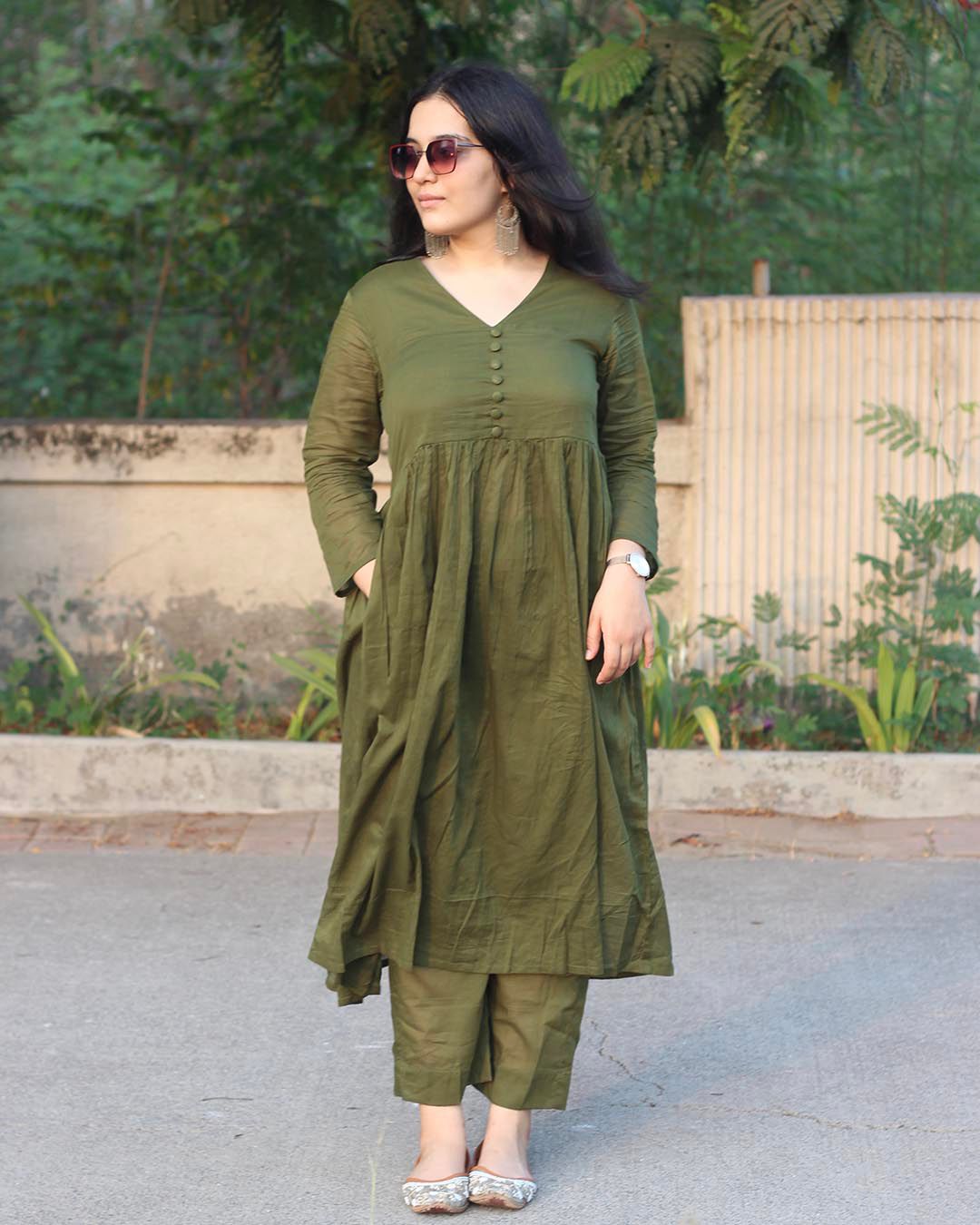EGF Olive Green Rayon Solid A-Line Kurta With Palazzo - Dista