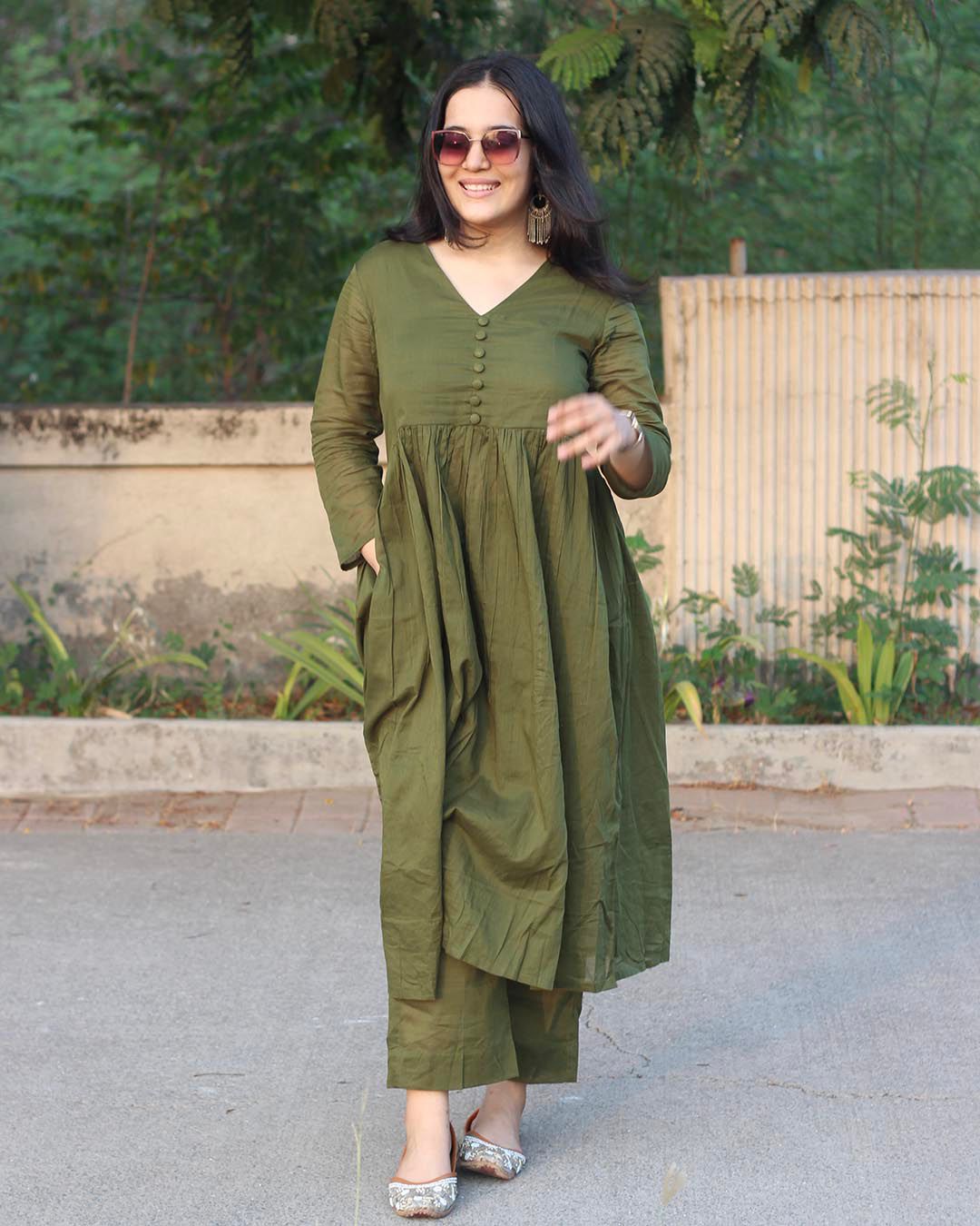 EGF Olive Green Rayon Solid A-Line Kurta With Palazzo - Dista
