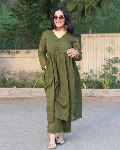 EGF Olive Green Rayon Solid A-Line Kurta With Palazzo - Dista